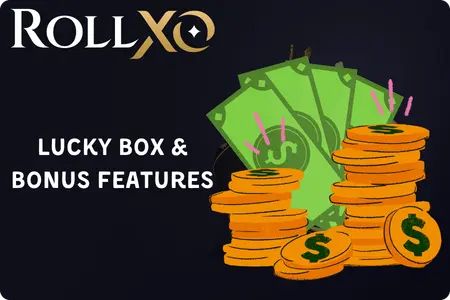 RollXO Casino Lucky Box and Bonus Features with money and coins illustration