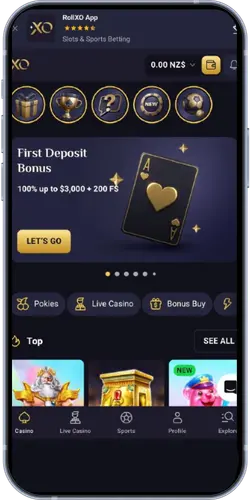 RollXO Casino account dashboard with first deposit bonus up to $3,000 + 200 FS