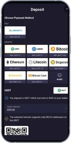RollXO Casino deposit page showing payment methods including crypto, fiat, and USDT