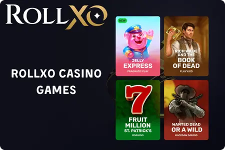 RollXO Casino popular games including Jelly Express, Book of Dead, Fruit Million and Wanted Dead or a Wild
