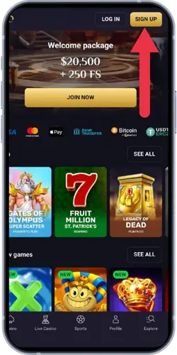 RollXO Casino homepage with $20,500 welcome package and 250 free spins offer