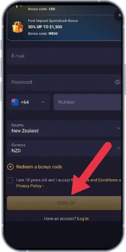 RollXO Casino registration screen with first deposit bonus code and sign up form